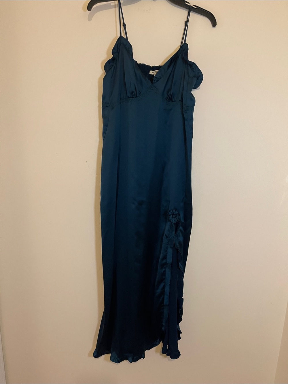 Max Studio Teal Satin Maxi Slip Dress with Side Ruffle